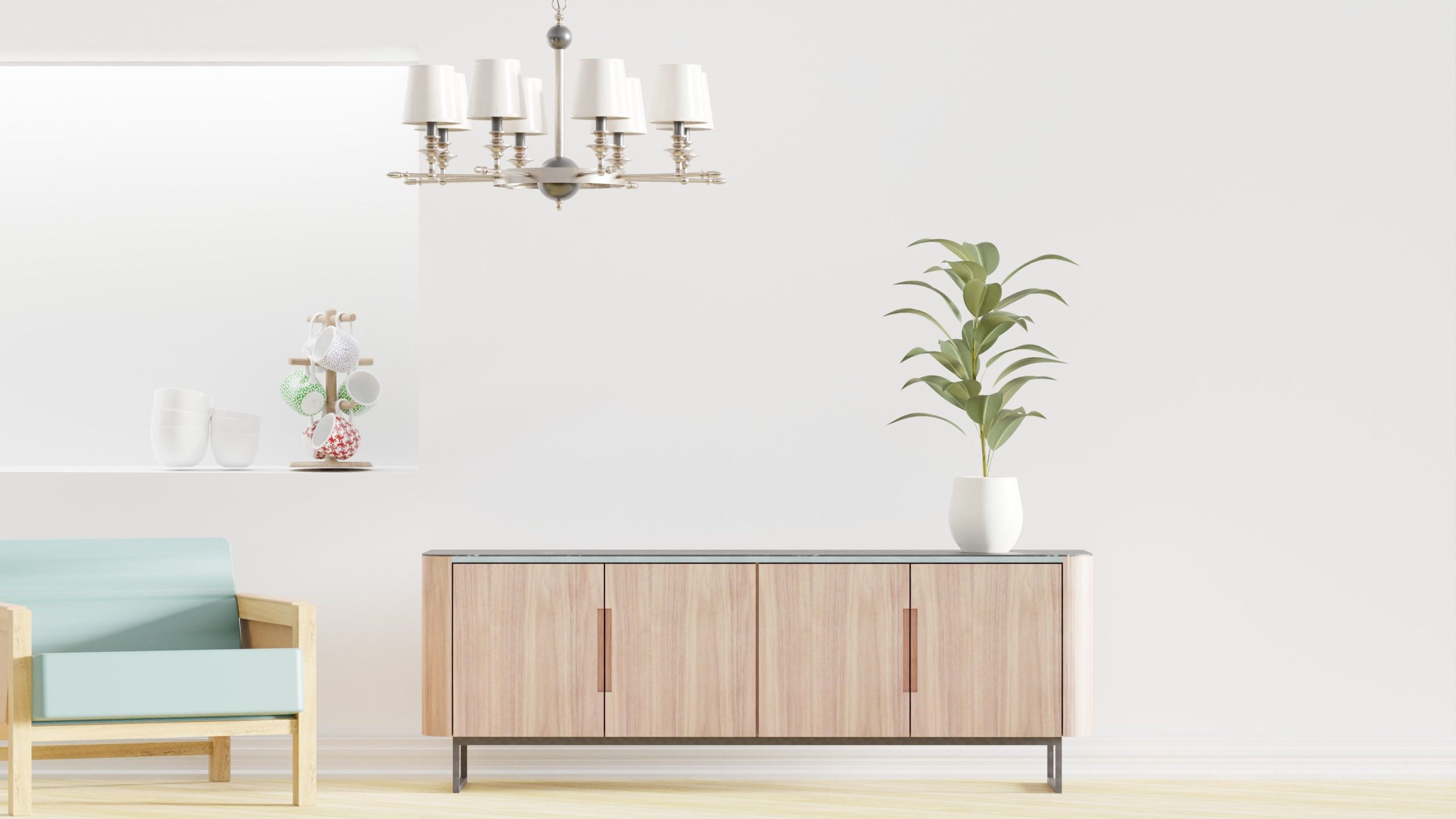 Buffet teck elegant avec fauteuil et plante verte