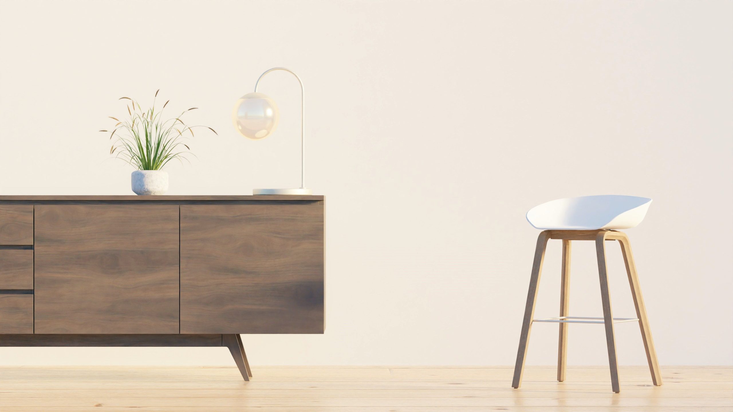 Buffet teck moderne dans interieur minimaliste blanc