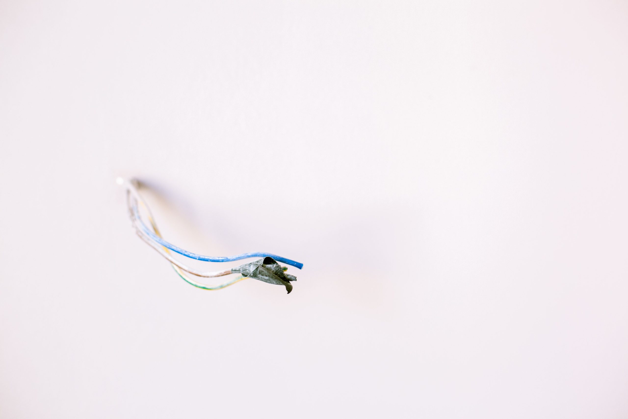 Fils électriques détachés sortant d'un mur blanc